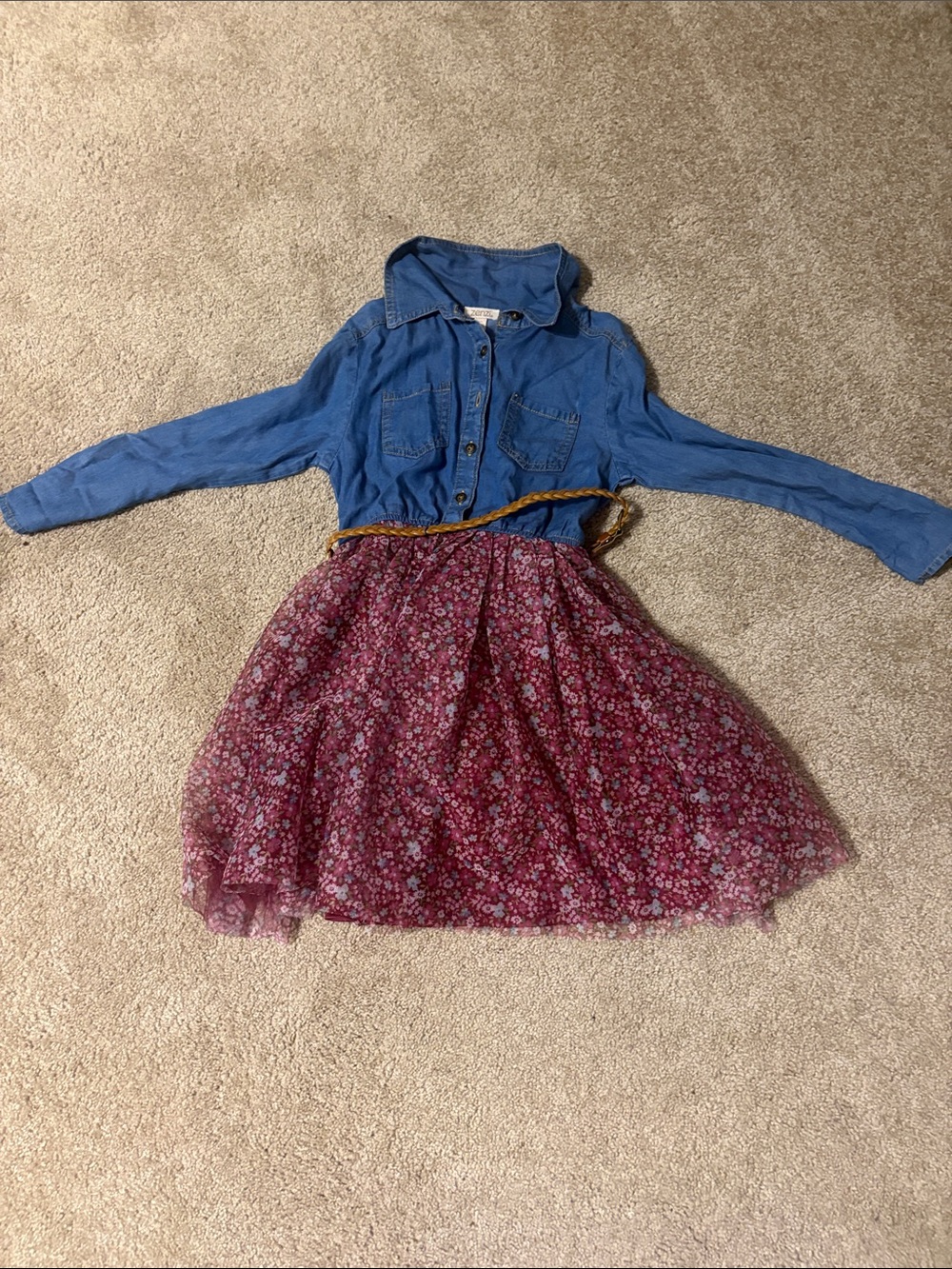 Zhenzi Blue Denim-Look Top with Pink Floral Skirt